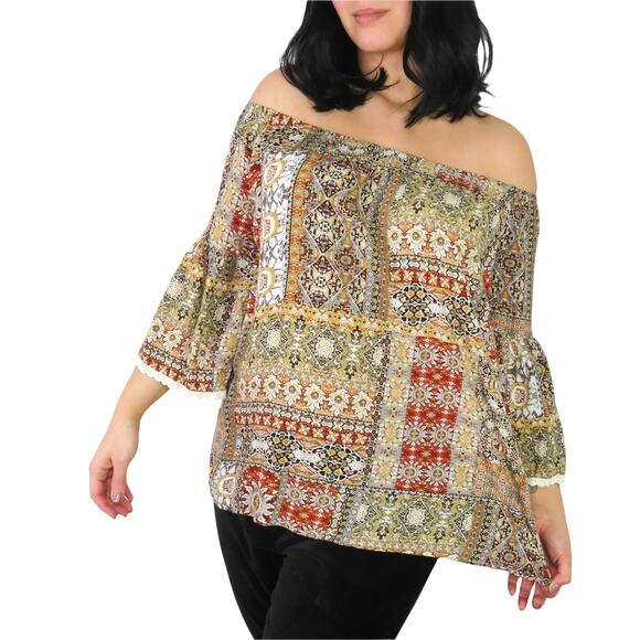 Y2k Annabelle Multi-Pattern Off Shoulder Casual Peasant Blouse Medium Earthy - Picture 1 of 5